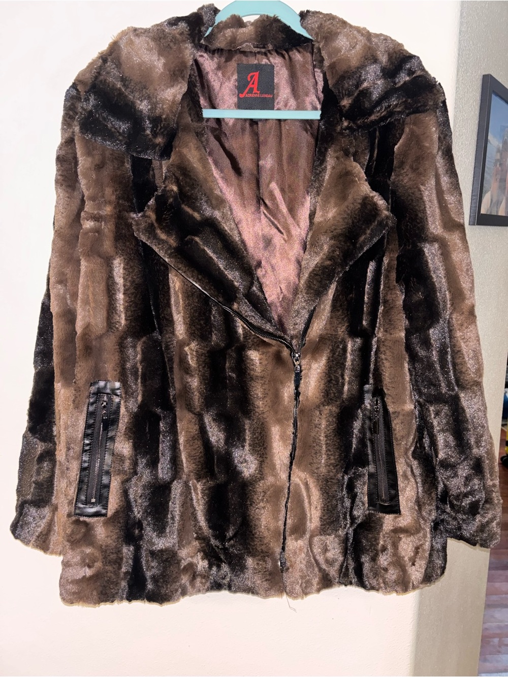 Adrienne Landau Brown Faux Fur Zipper Moto Jacket Plus Size 2X Grid Pattern